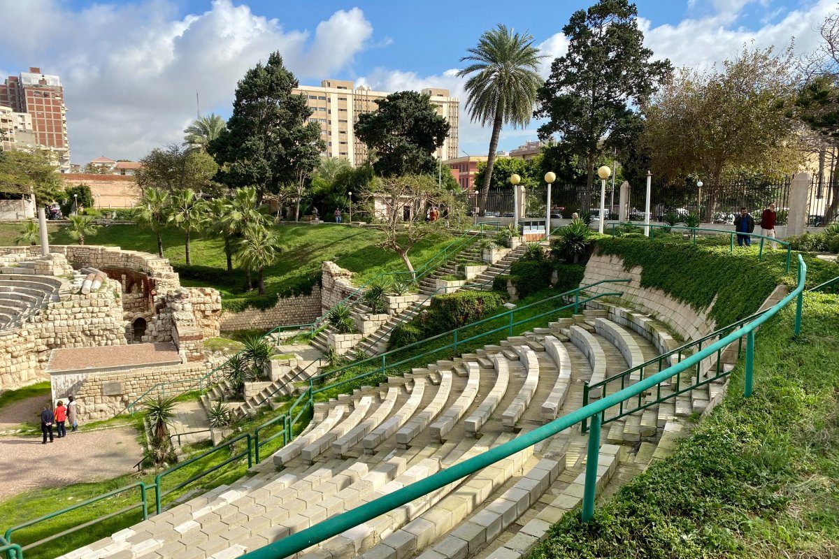 The ancient Roman amphitheater of Alexandria, a beautiful green space